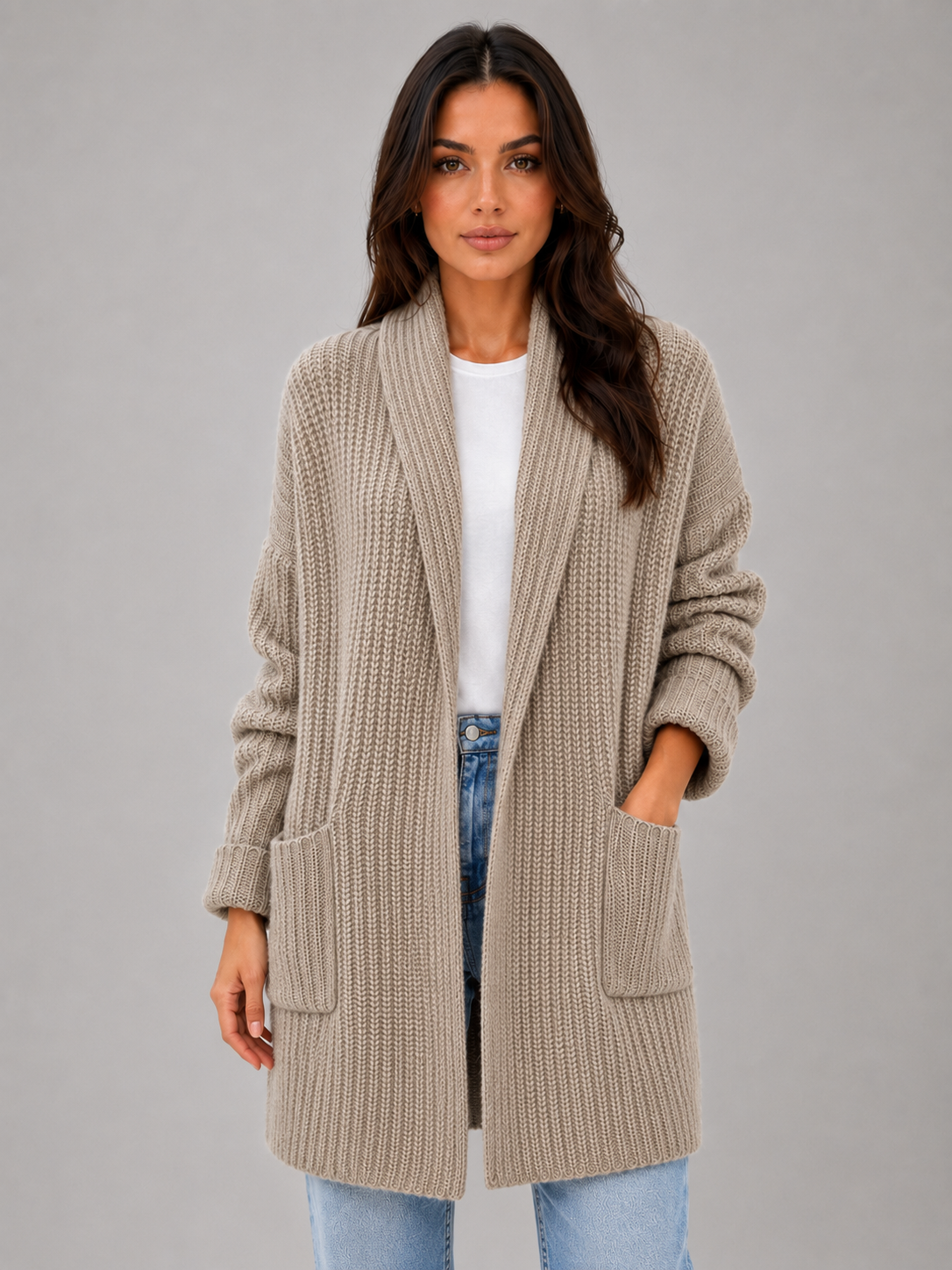 Women's Soft Knit Open Front Long Cardigan - Taupe