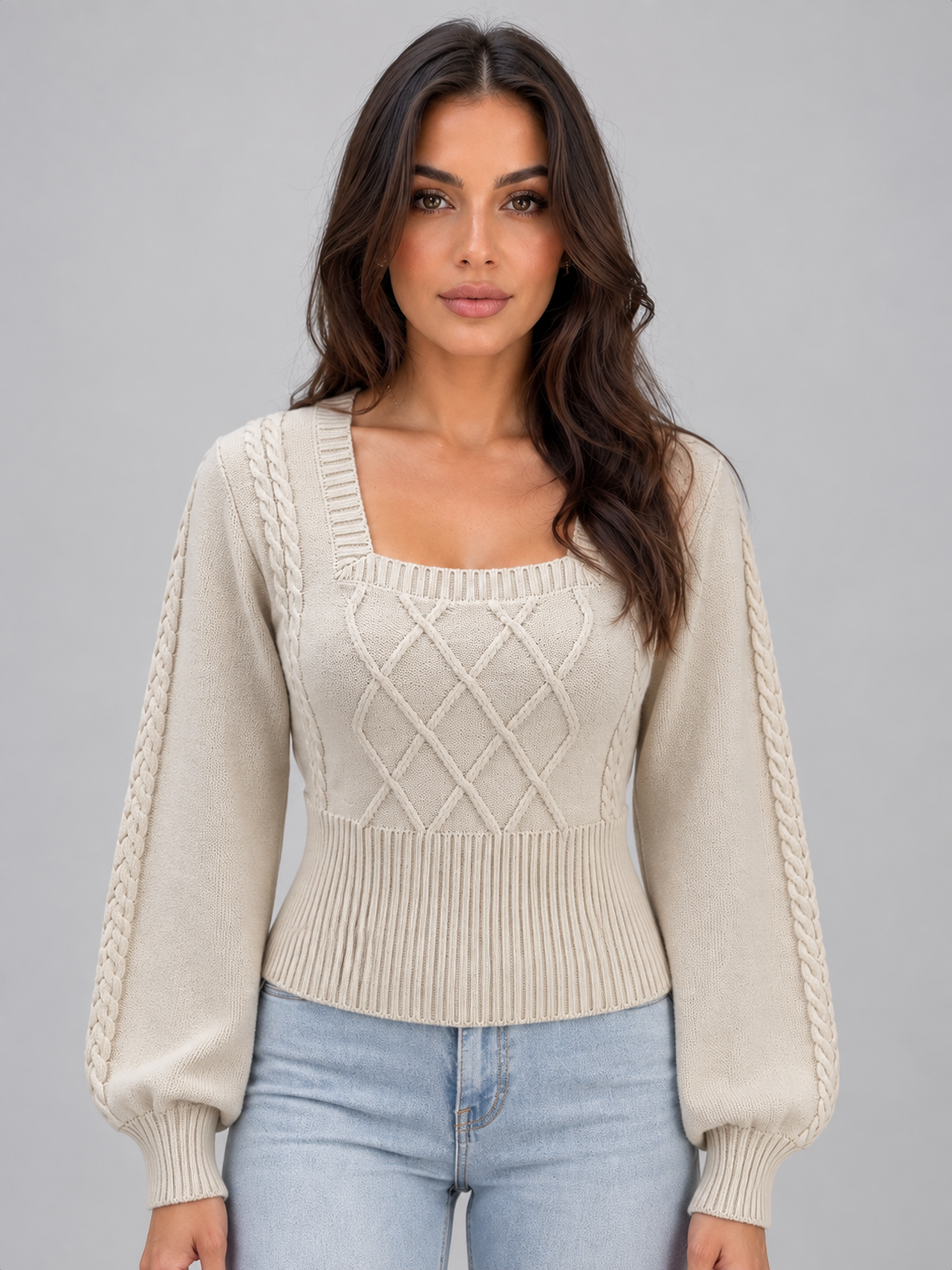Women's Square Neck Balloon Sleeve Cable Knit Sweater - Cream