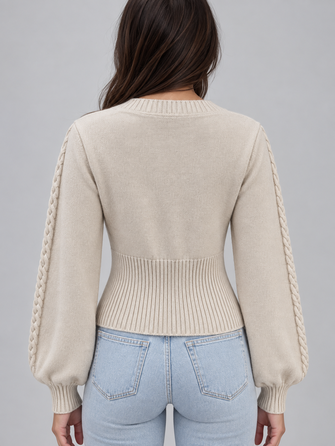 Women's Square Neck Balloon Sleeve Cable Knit Sweater - Cream