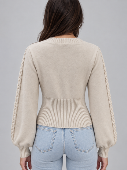 Women's Square Neck Balloon Sleeve Cable Knit Sweater - Cream