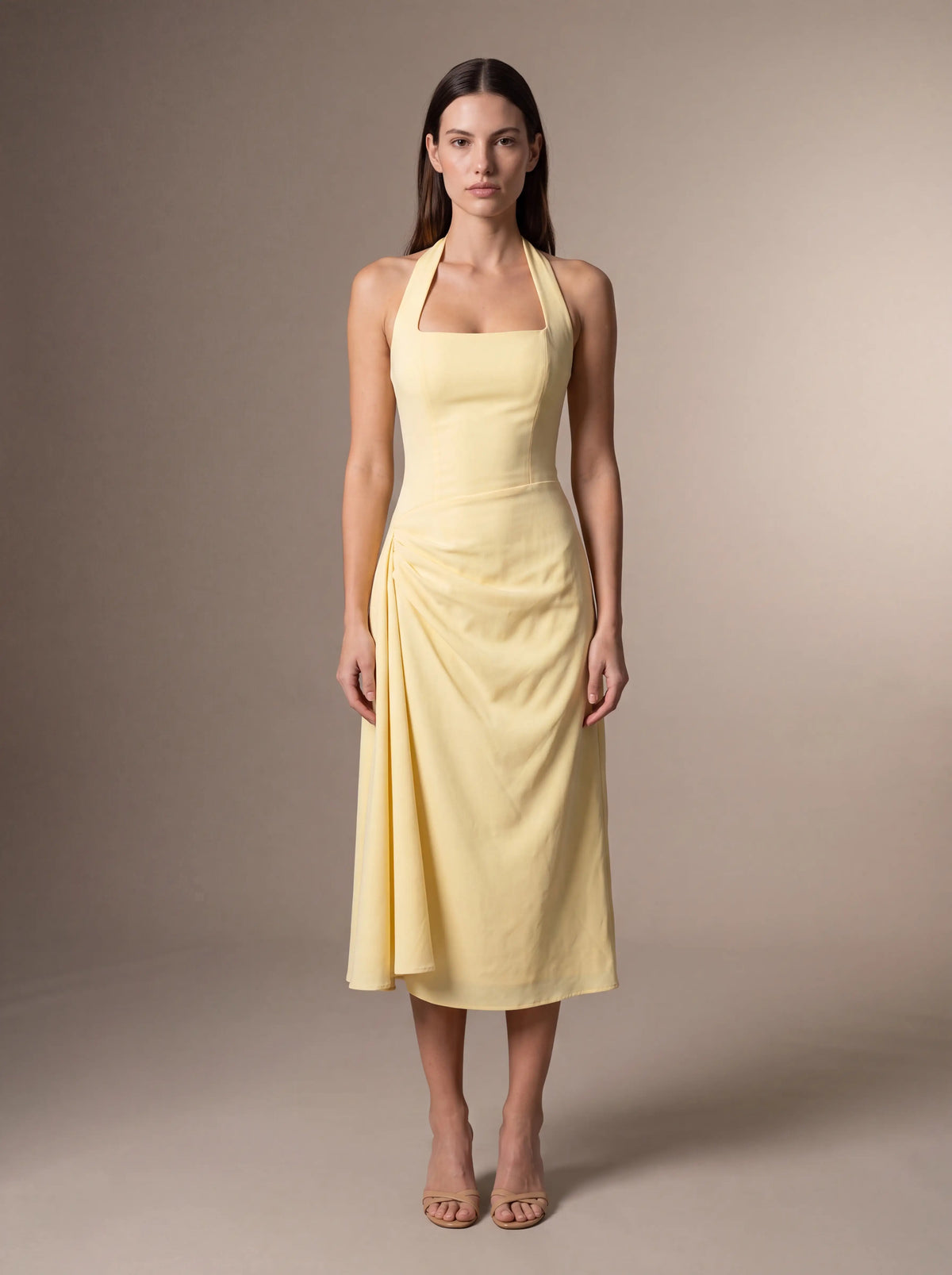 Women's Square Neck Halter Ruched Midi Dress - Butter Yellow