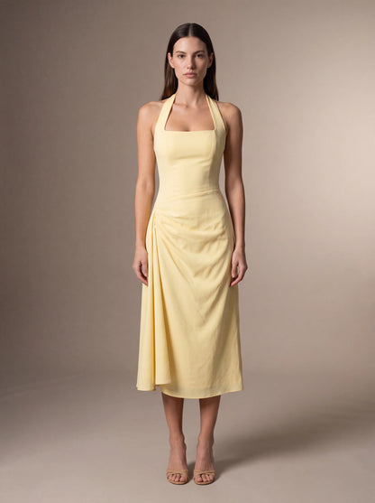Women's Square Neck Halter Ruched Midi Dress - Butter Yellow