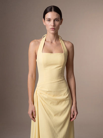 Women's Square Neck Halter Ruched Midi Dress - Butter Yellow
