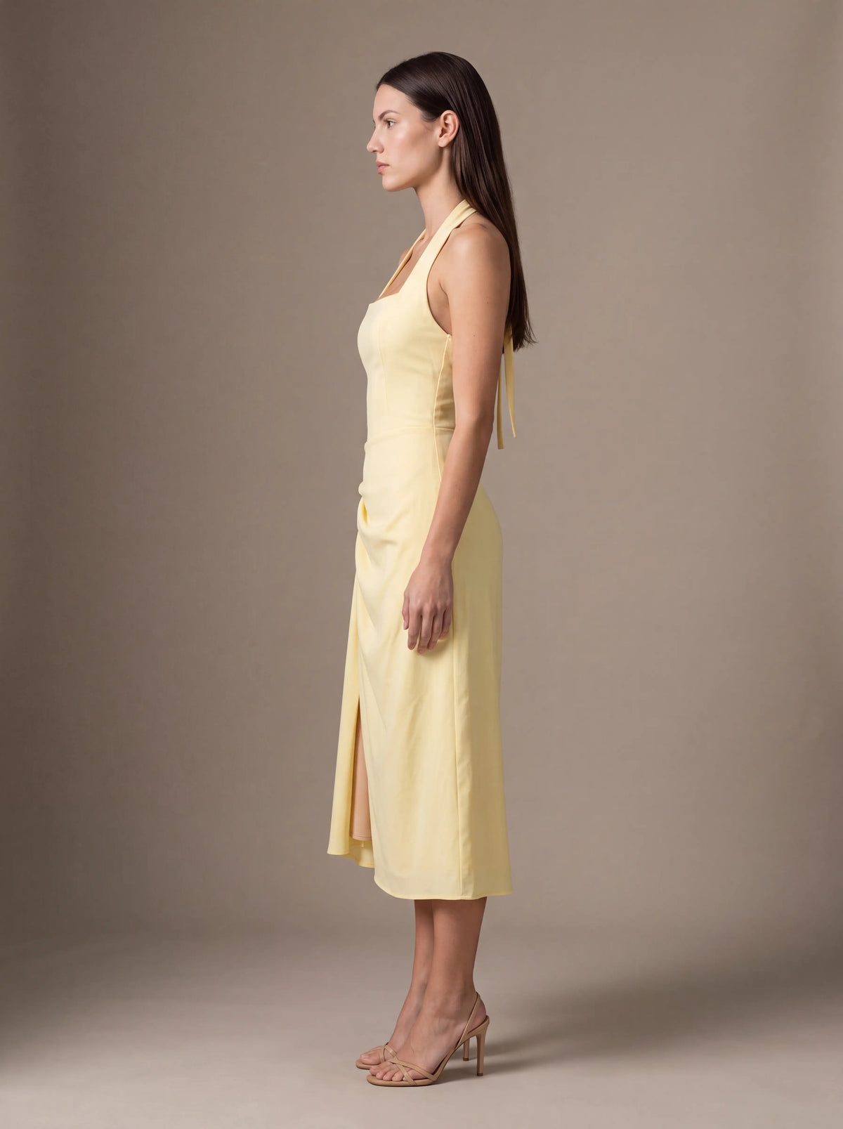 Women's Square Neck Halter Ruched Midi Dress - Butter Yellow