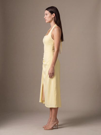 Women's Square Neck Halter Ruched Midi Dress - Butter Yellow
