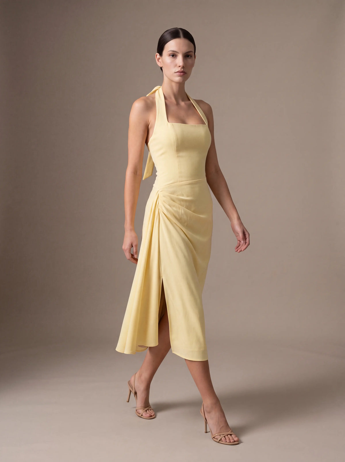 Women's Square Neck Halter Ruched Midi Dress - Butter Yellow