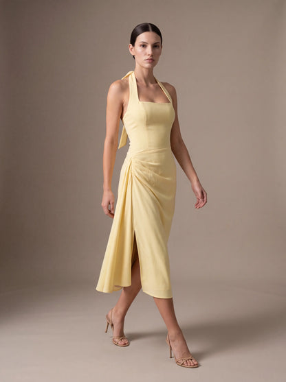 Women's Square Neck Halter Ruched Midi Dress - Butter Yellow