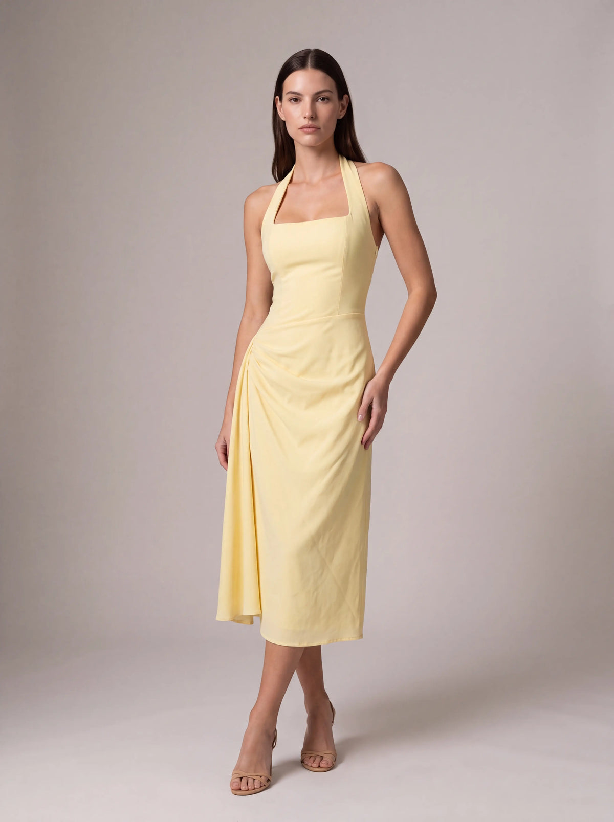 Women's Square Neck Halter Ruched Midi Dress - Butter Yellow