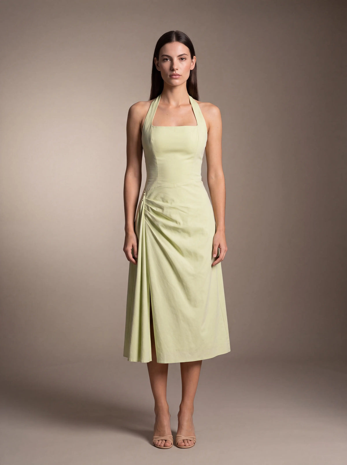 Women's Square Neck Halter Ruched Midi Dress - Lime Green