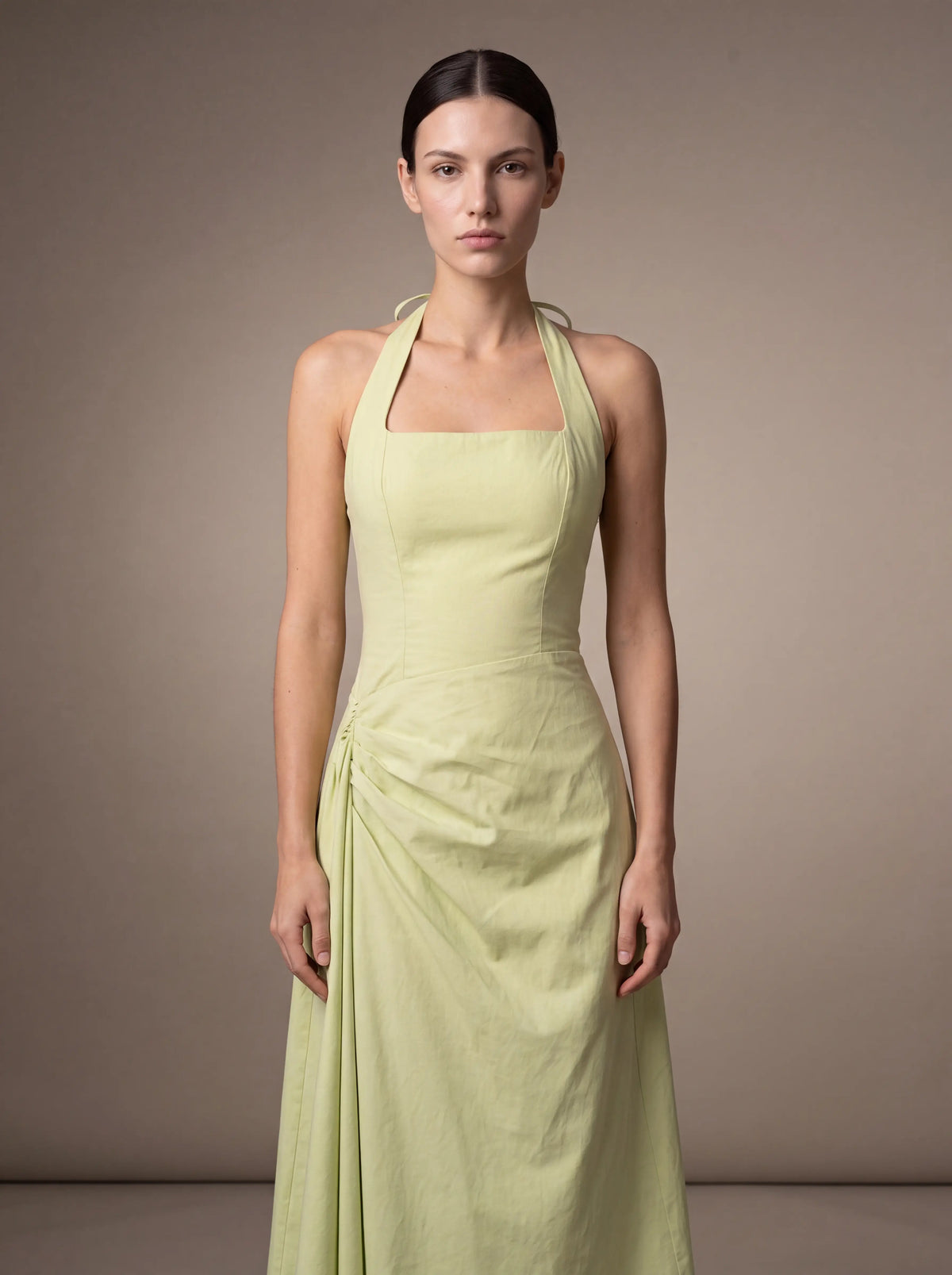 Women's Square Neck Halter Ruched Midi Dress - Lime Green