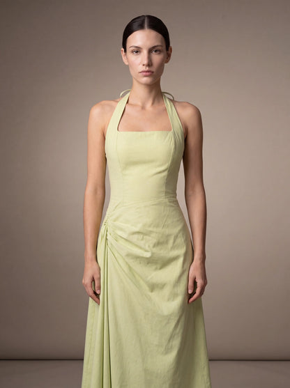 Women's Square Neck Halter Ruched Midi Dress - Lime Green