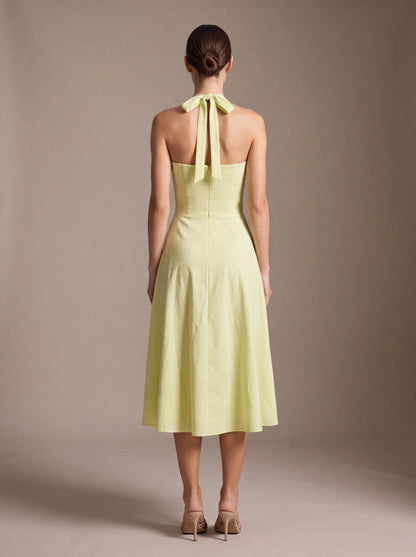 Women's Square Neck Halter Ruched Midi Dress - Lime Green