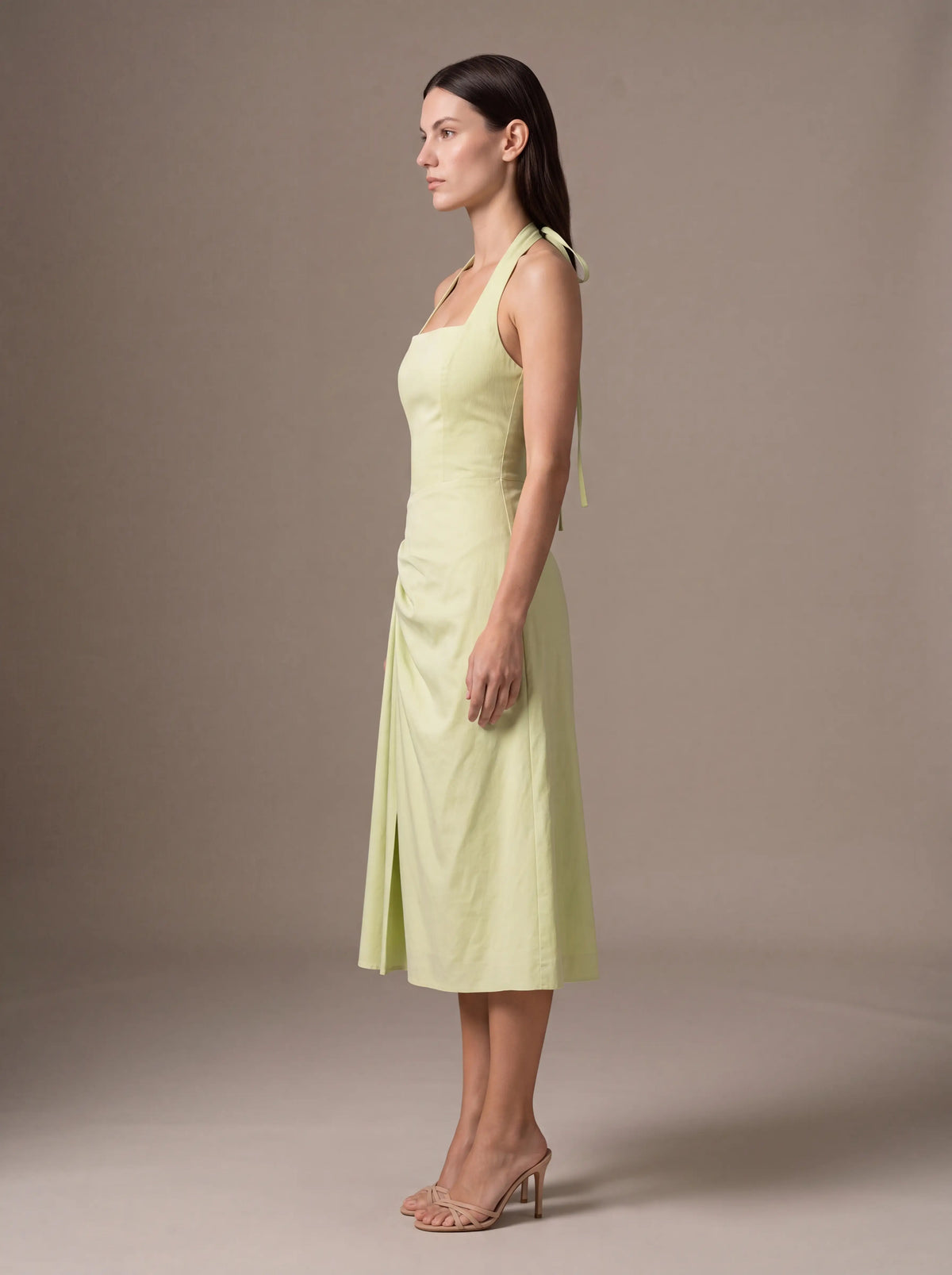 Women's Square Neck Halter Ruched Midi Dress - Lime Green