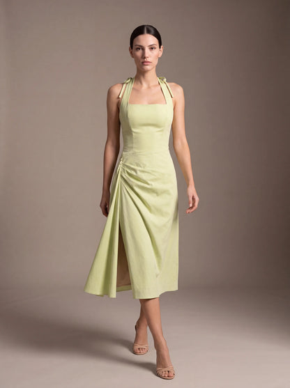 Women's Square Neck Halter Ruched Midi Dress - Lime Green