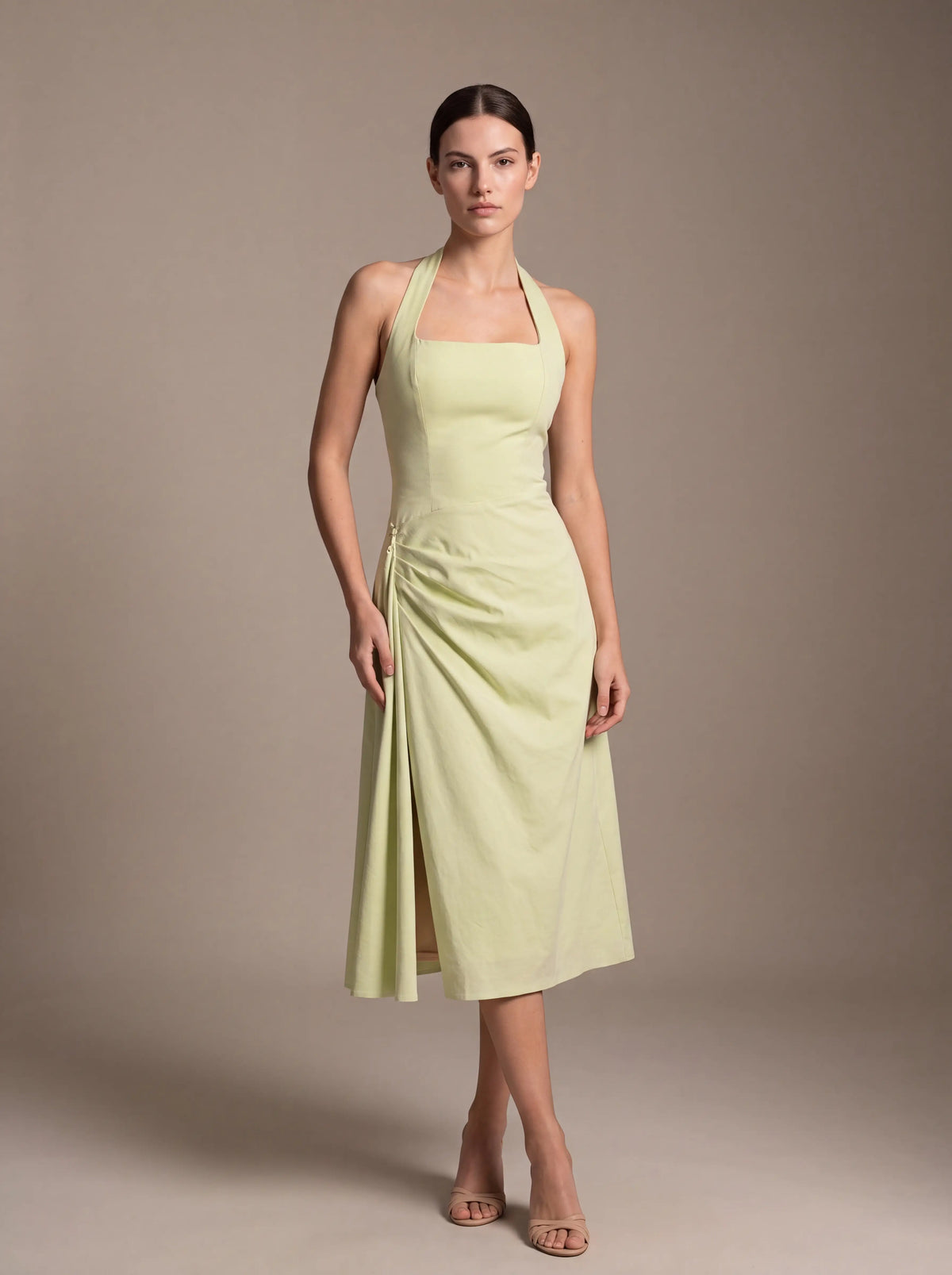 Women's Square Neck Halter Ruched Midi Dress - Lime Green