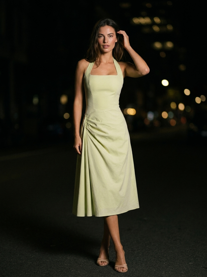 Women's Square Neck Halter Ruched Midi Dress - Lime Green