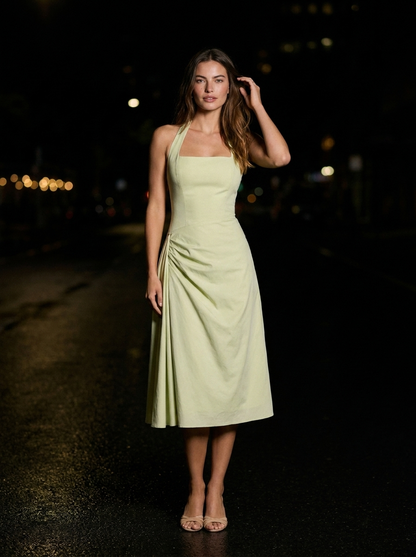 Women's Square Neck Halter Ruched Midi Dress - Lime Green