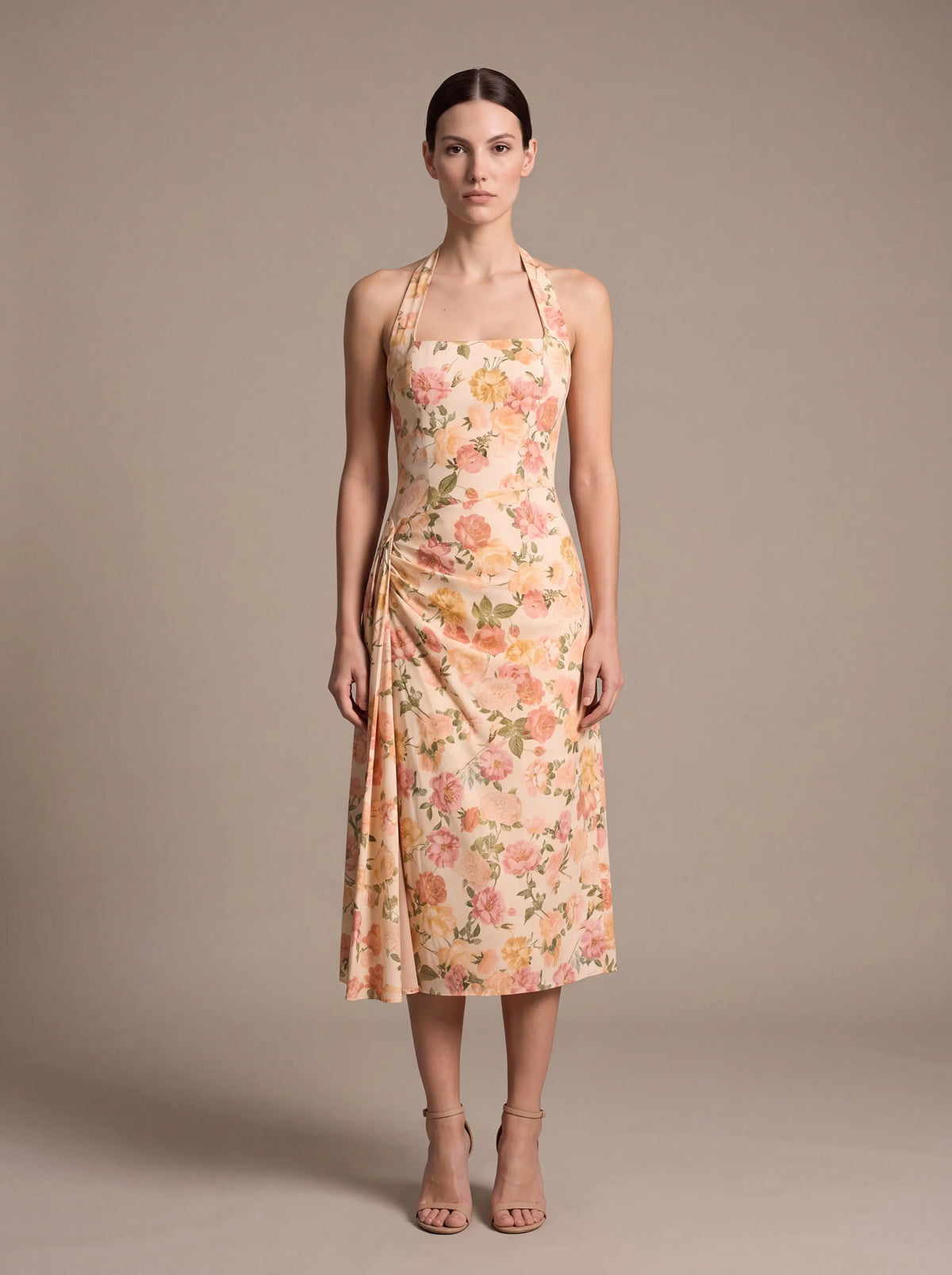 Women's Square Neck Halter Ruched Midi Dress - Peach Floral