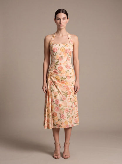 Women's Square Neck Halter Ruched Midi Dress - Peach Floral