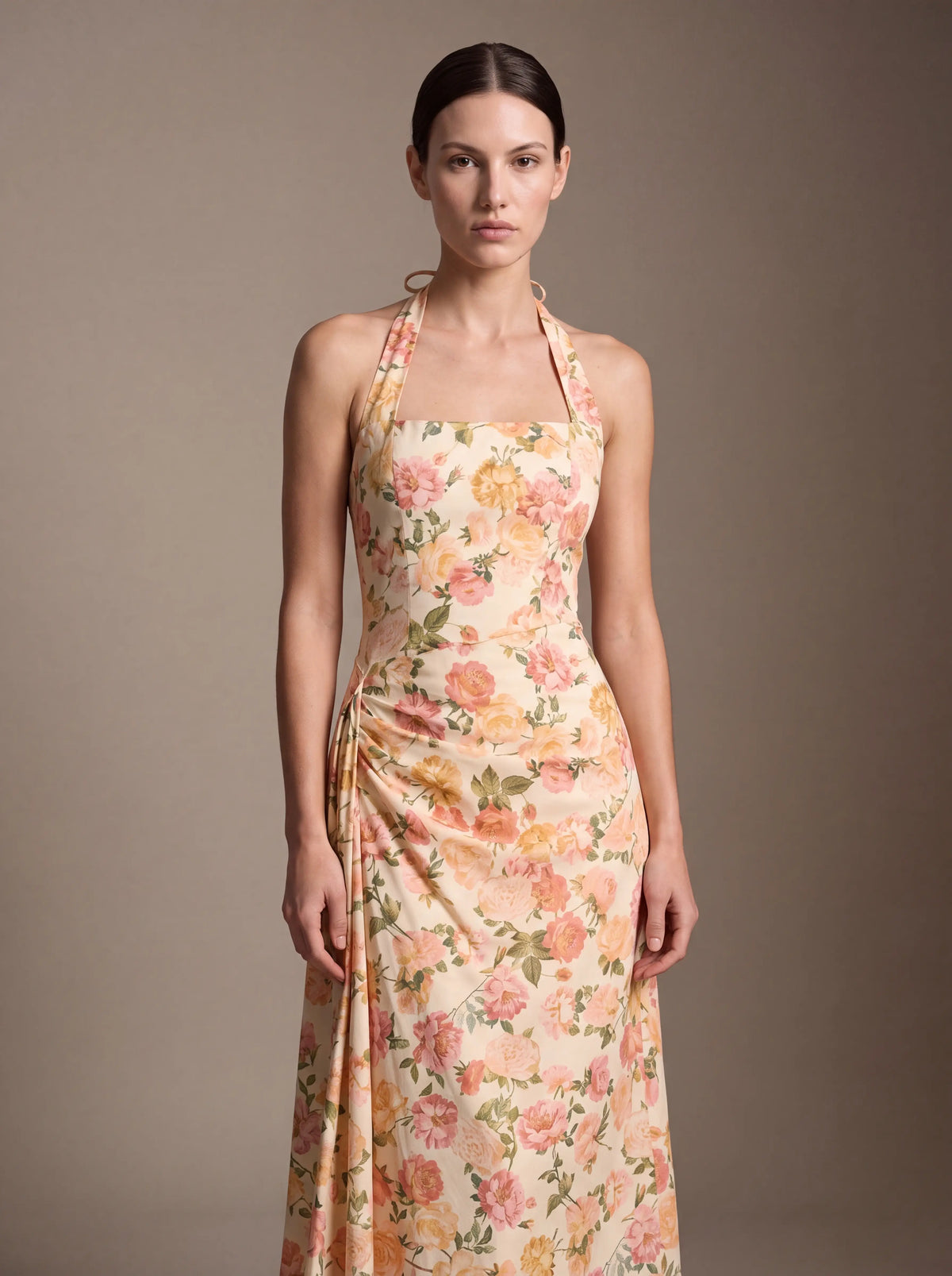 Women's Square Neck Halter Ruched Midi Dress - Peach Floral