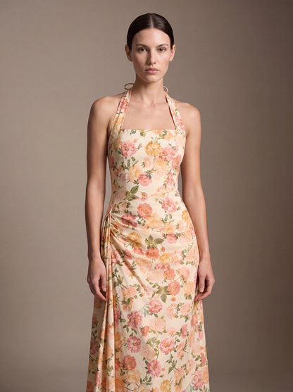 Women's Square Neck Halter Ruched Midi Dress - Peach Floral