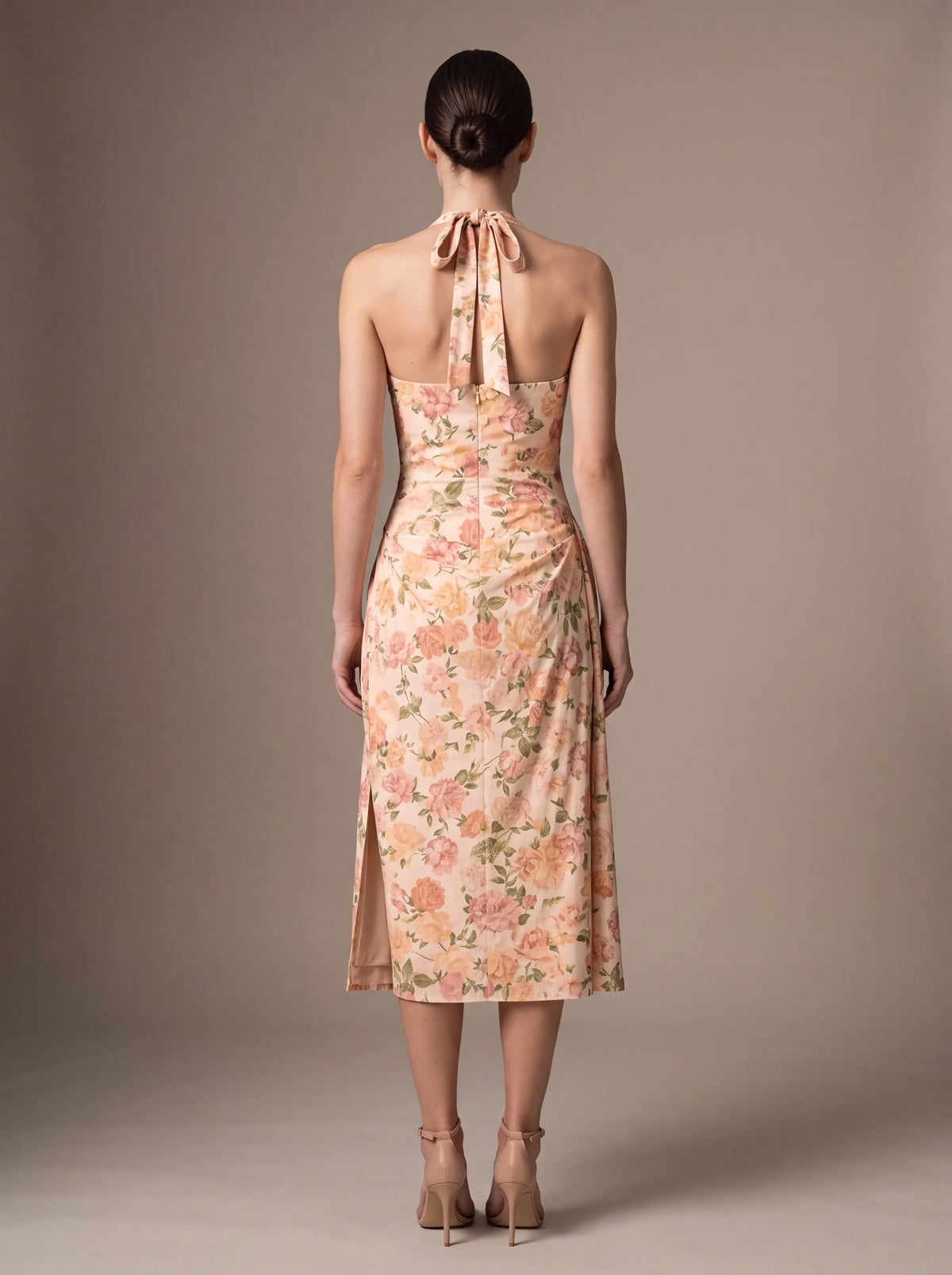 Women's Square Neck Halter Ruched Midi Dress - Peach Floral