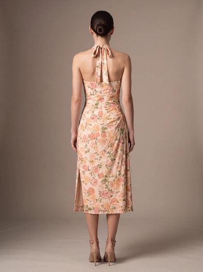 Women's Square Neck Halter Ruched Midi Dress - Peach Floral
