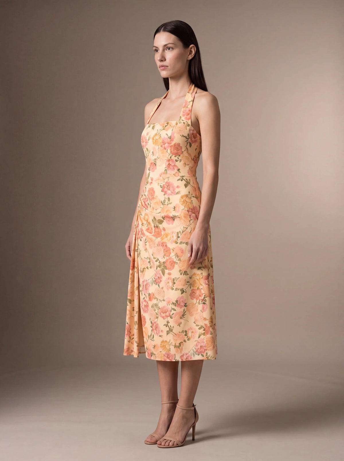 Women's Square Neck Halter Ruched Midi Dress - Peach Floral