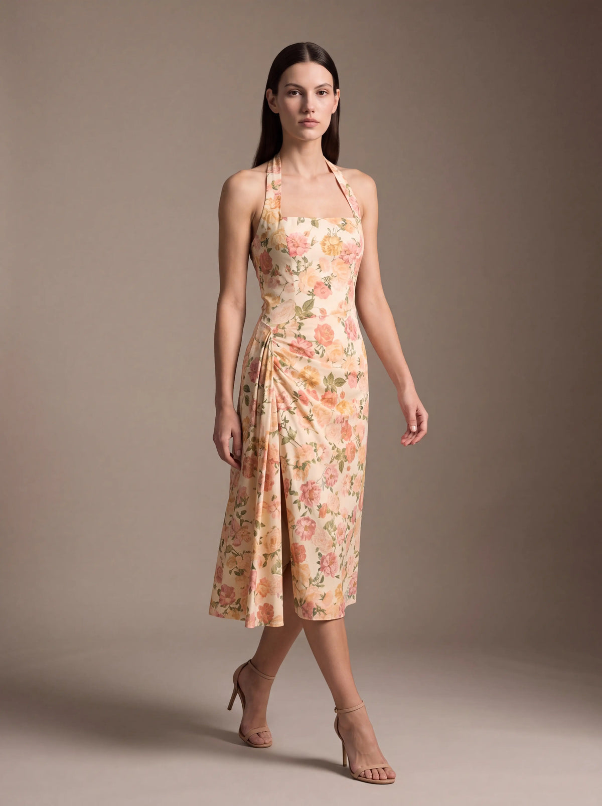 Women's Square Neck Halter Ruched Midi Dress - Peach Floral