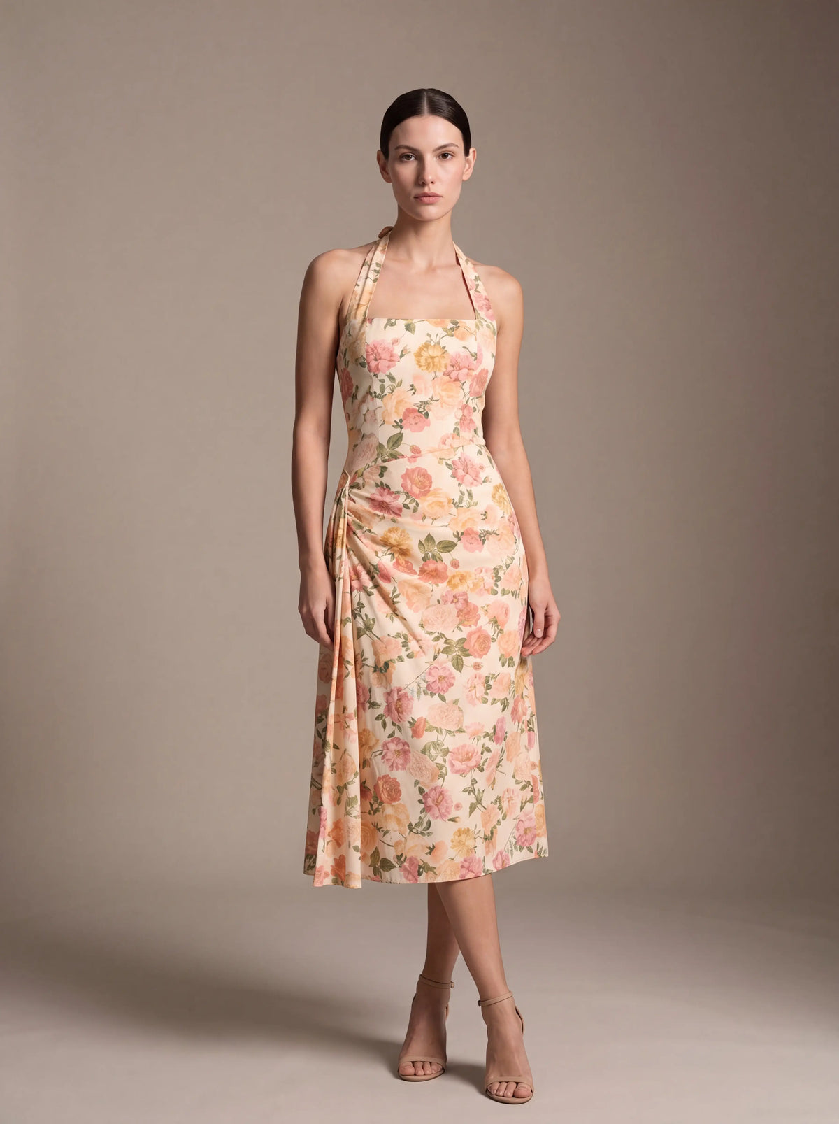 Women's Square Neck Halter Ruched Midi Dress - Peach Floral