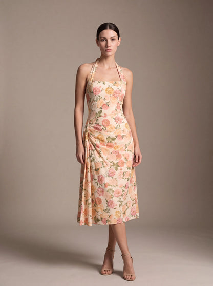 Women's Square Neck Halter Ruched Midi Dress - Peach Floral