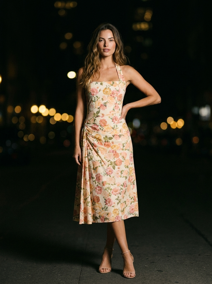 Women's Square Neck Halter Ruched Midi Dress - Peach Floral