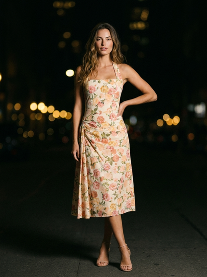 Women's Square Neck Halter Ruched Midi Dress - Peach Floral