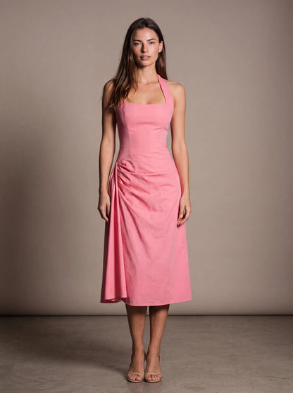 Women's Square Neck Halter Ruched Midi Dress - Pink