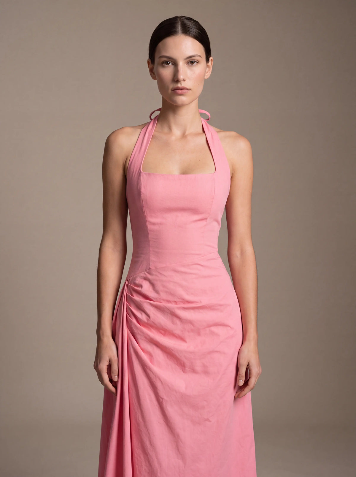 Women's Square Neck Halter Ruched Midi Dress - Pink