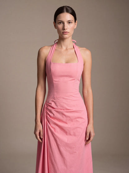 Women's Square Neck Halter Ruched Midi Dress - Pink