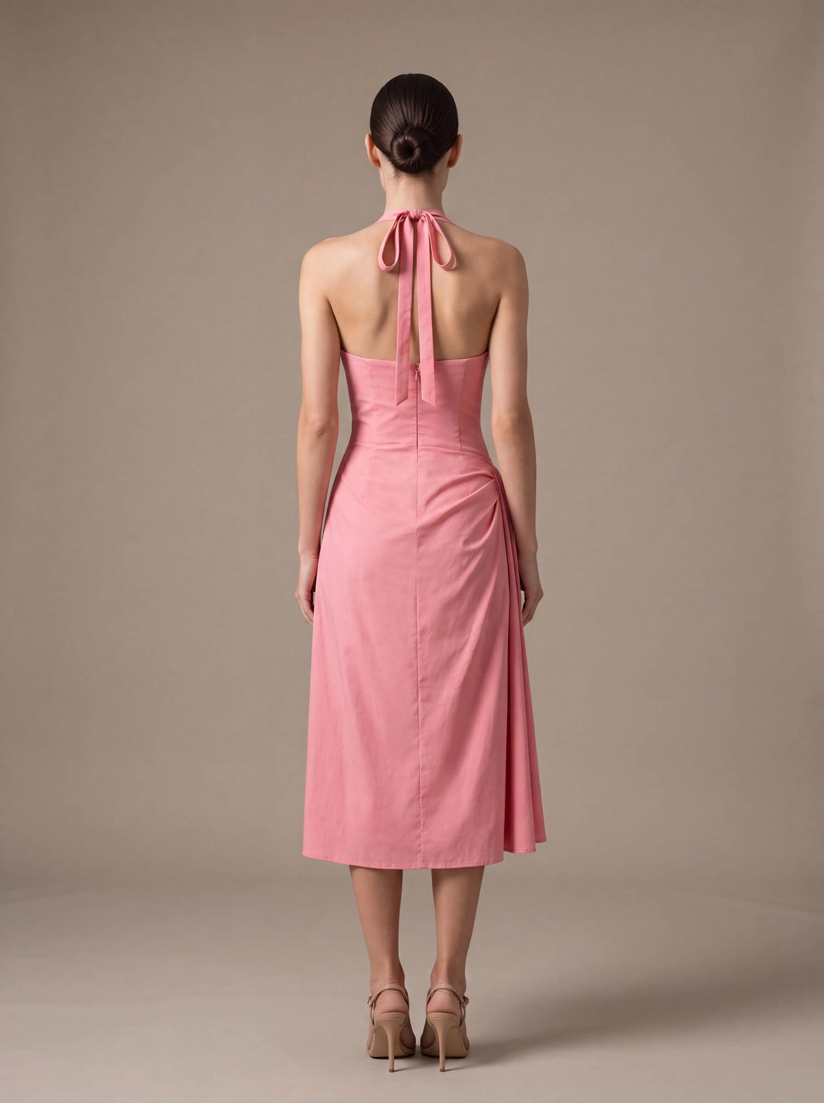 Women's Square Neck Halter Ruched Midi Dress - Pink
