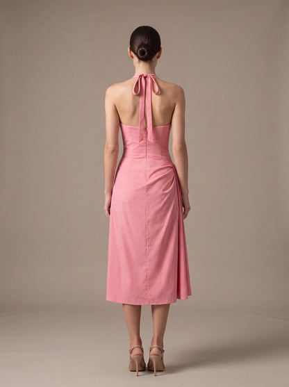 Women's Square Neck Halter Ruched Midi Dress - Pink