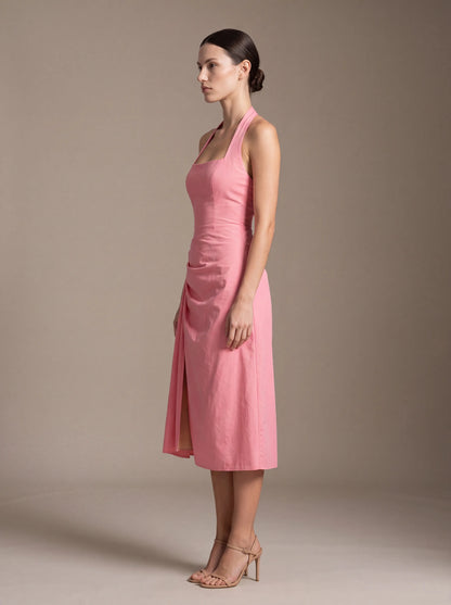 Women's Square Neck Halter Ruched Midi Dress - Pink