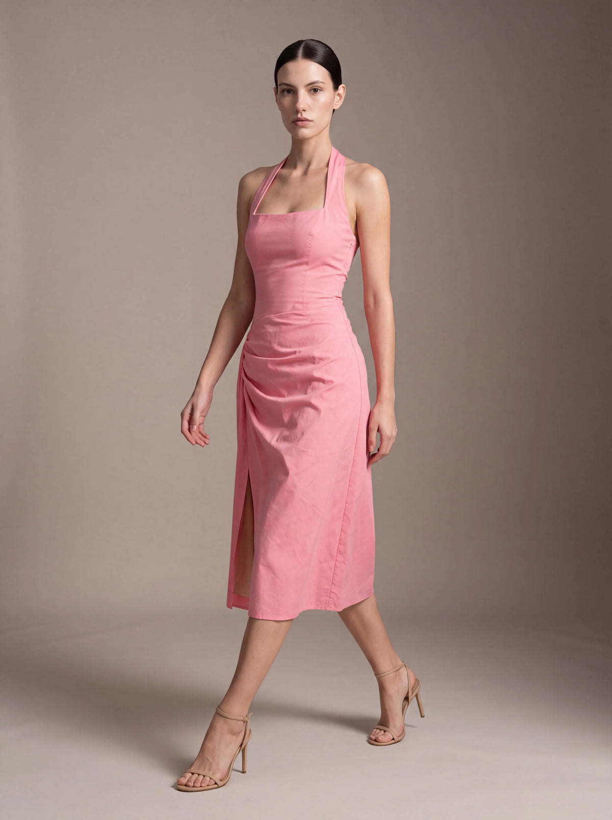 Women's Square Neck Halter Ruched Midi Dress - Pink