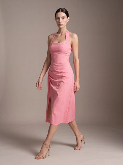Women's Square Neck Halter Ruched Midi Dress - Pink