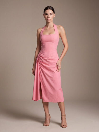 Women's Square Neck Halter Ruched Midi Dress - Pink