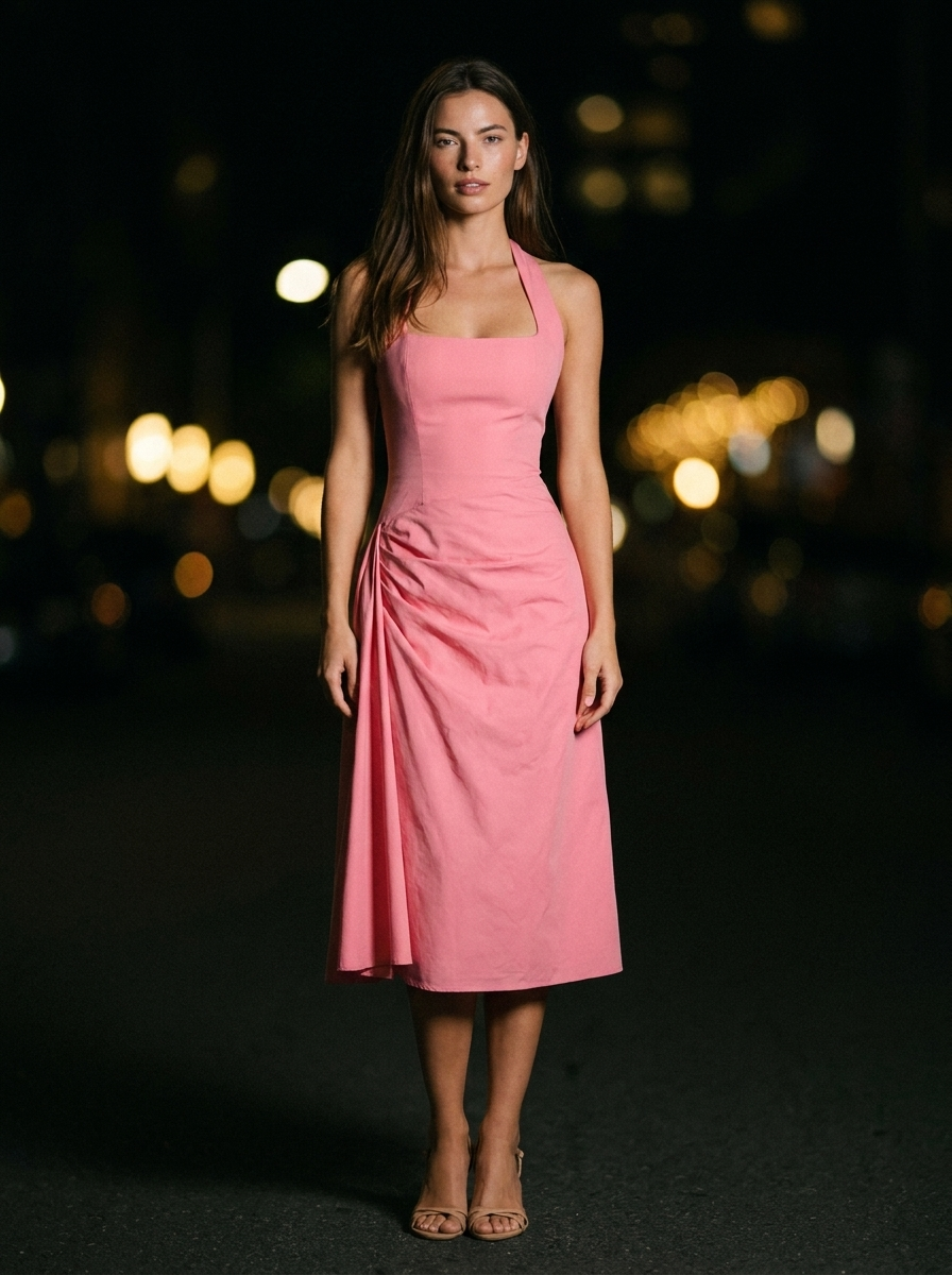 Women's Square Neck Halter Ruched Midi Dress - Pink