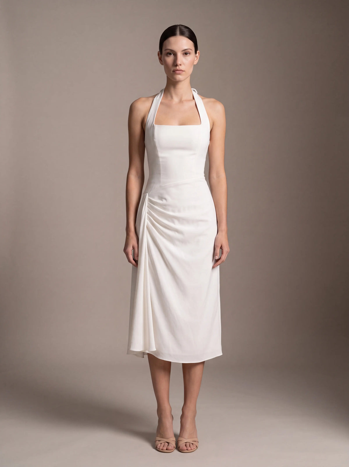 Women's Square Neck Halter Ruched Midi Dress - White