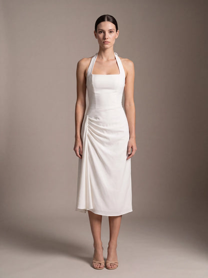 Women's Square Neck Halter Ruched Midi Dress - White