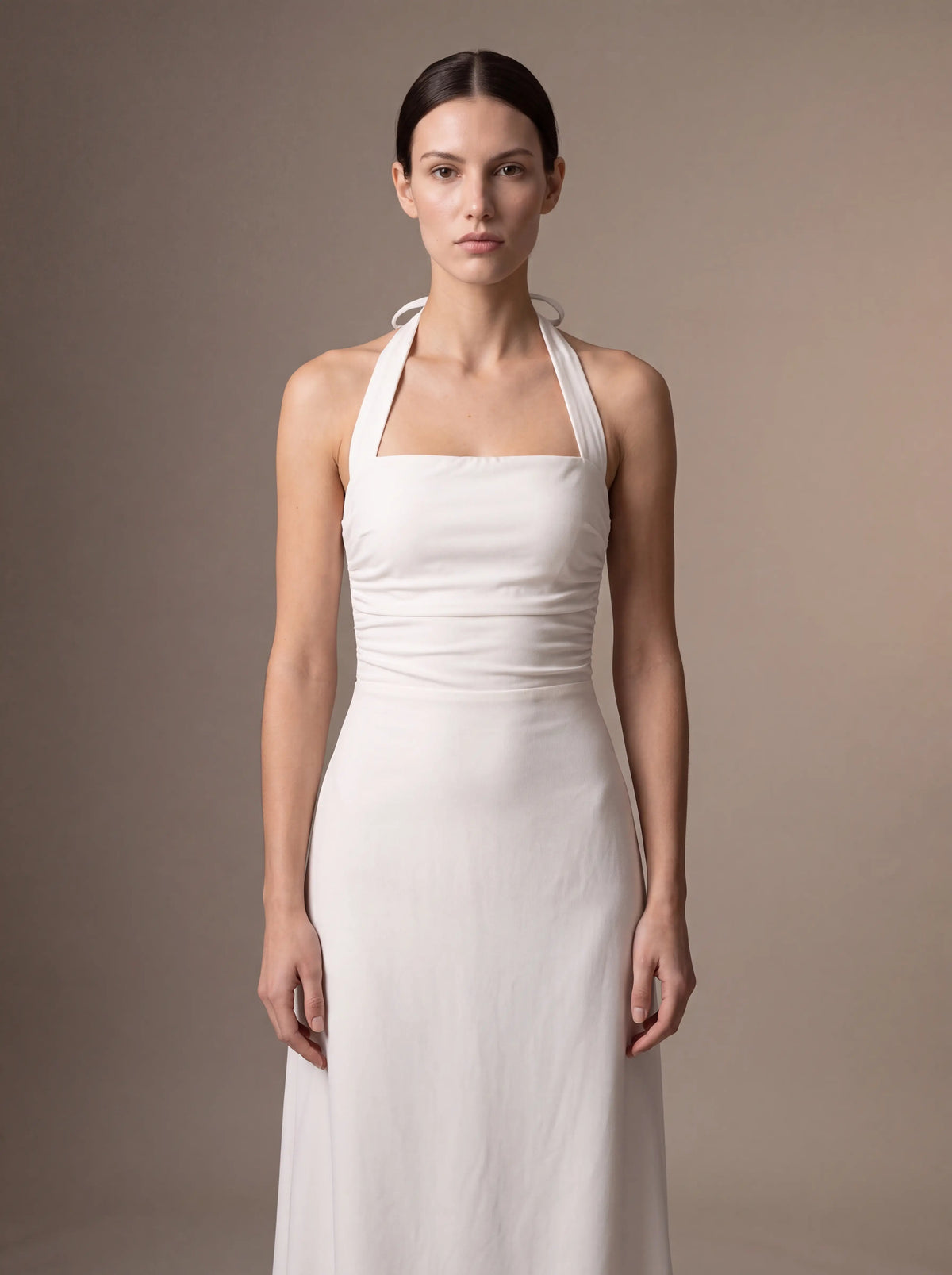 Women's Square Neck Halter Ruched Midi Dress - White