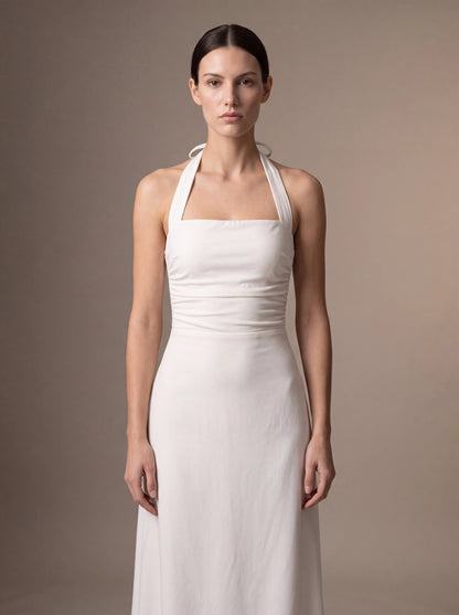 Women's Square Neck Halter Ruched Midi Dress - White