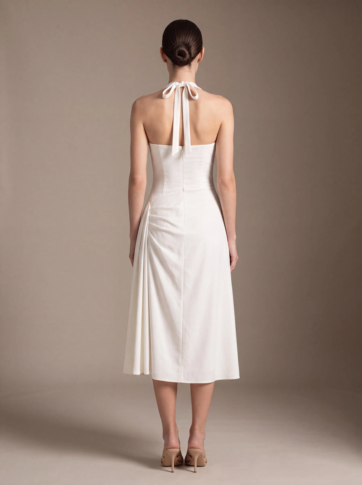 Women's Square Neck Halter Ruched Midi Dress - White