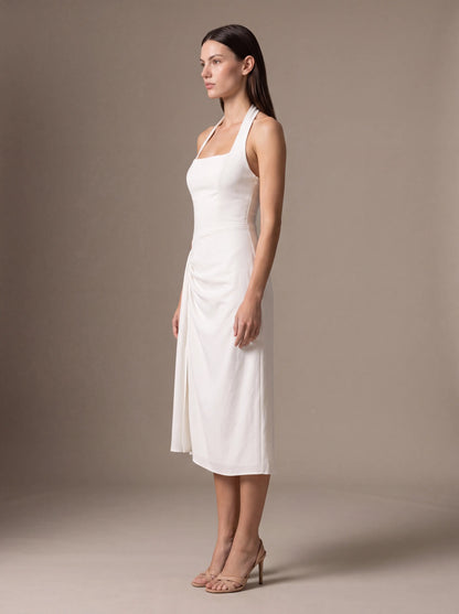Women's Square Neck Halter Ruched Midi Dress - White