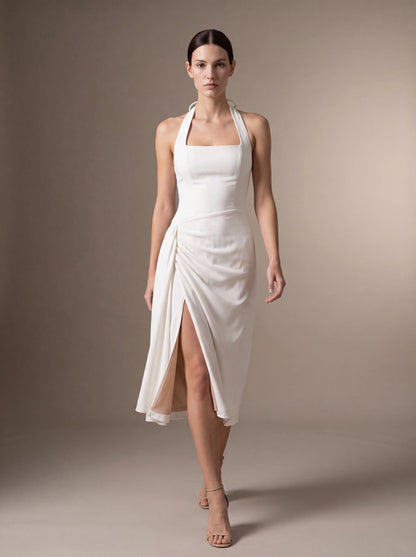 Women's Square Neck Halter Ruched Midi Dress - White